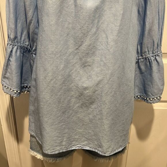 Talbots Factory blue linen blend boat neck bell sleeves top size Large - Picture 5 of 7